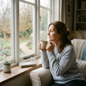 Person recovering from brain fog after burnout sitting peacefully by window with tea in morning light
