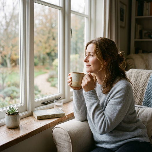 Person recovering from brain fog after burnout sitting peacefully by window with tea in morning light