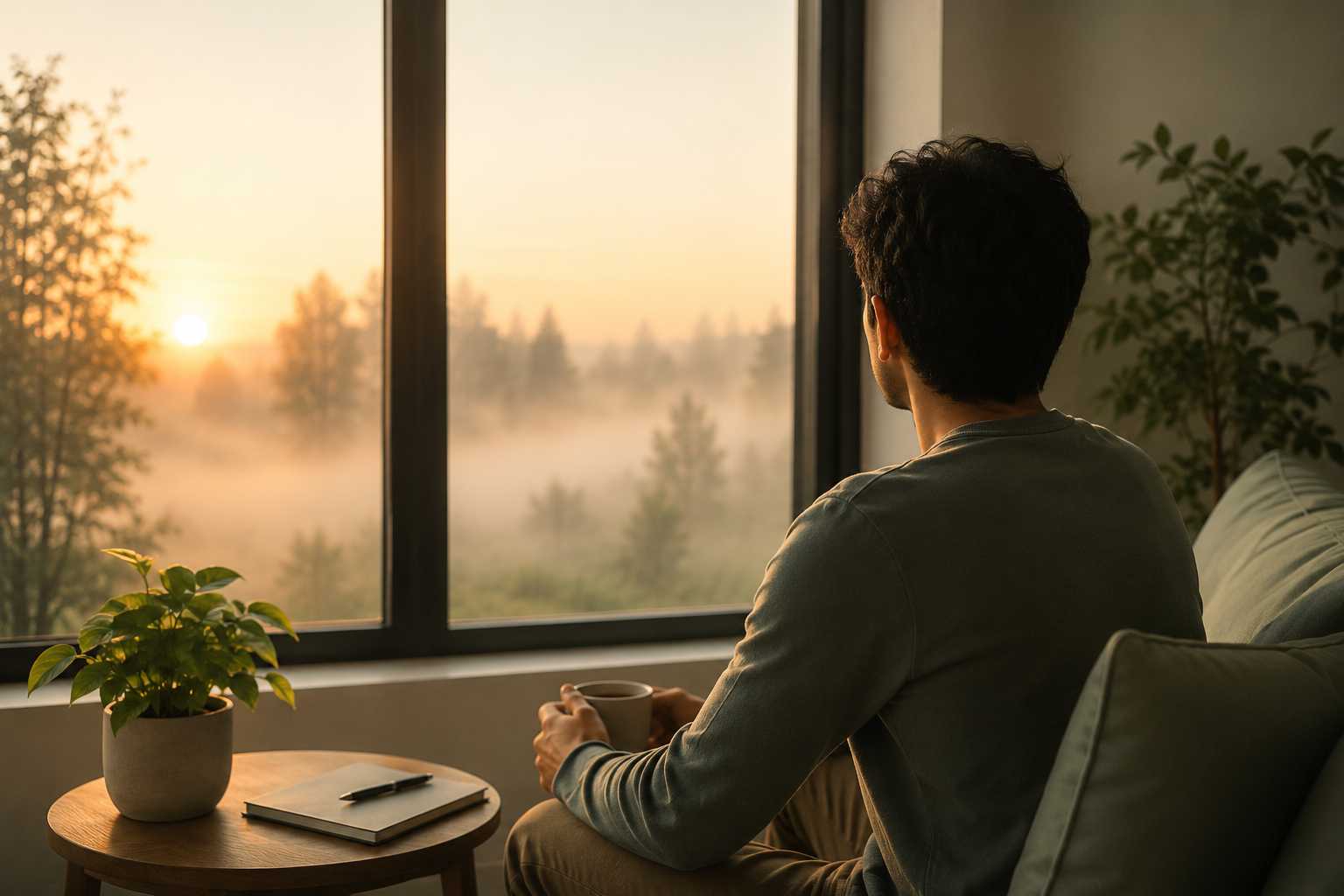 Man sitting quietly by a window at sunrise holding a cup of coffee, watching morning fog clear over a forest