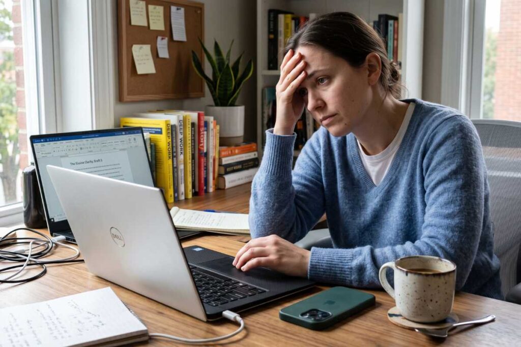 Person struggling to focus while dealing with anxious, foggy thinking at work